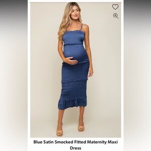 Blue fitted smocked maternity dress